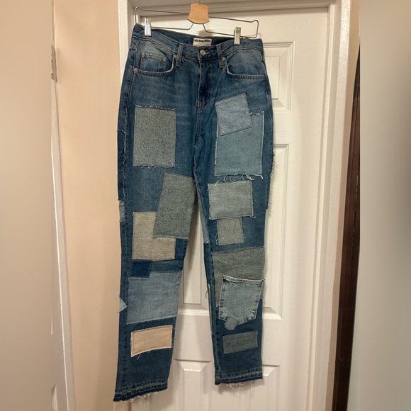 FP We The Free Bare With Me Mid Rise Straight Leg Jeans with Denim Patchwork - Picture 2 of 4